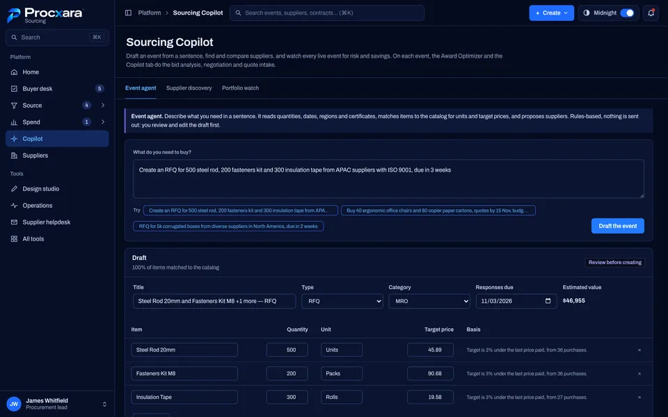 Procxara Sourcing Copilot drafting an RFQ from a one-sentence request, with target prices from past purchases
