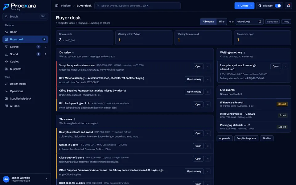 Procxara buyer desk listing the tasks and approvals waiting for a procurement lead